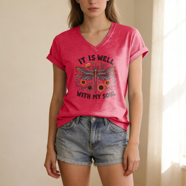 Christianartworkshop It Is Well With My Soul Dragonfly Floral Print Casual V-neck T-shirt - image 23