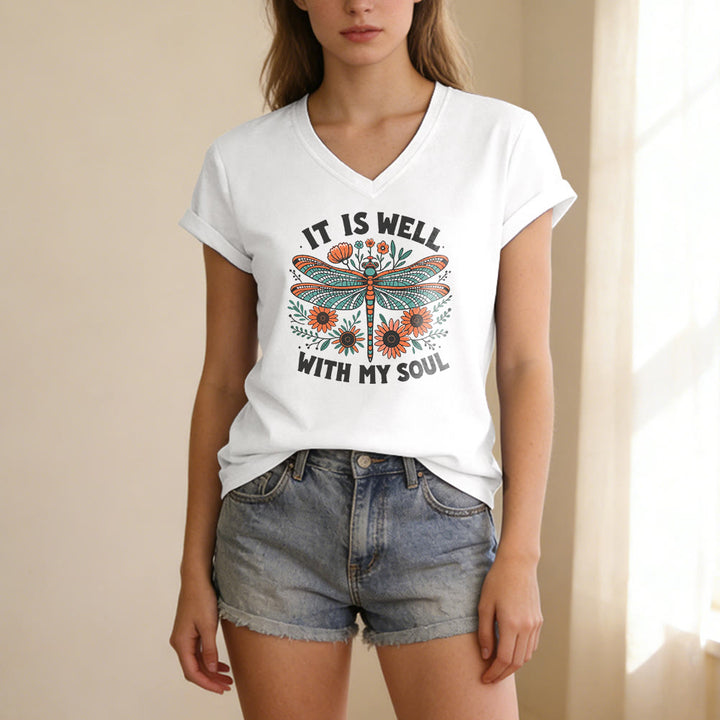 Christianartworkshop It Is Well With My Soul Dragonfly Floral Print Casual V-neck T-shirt - image 9