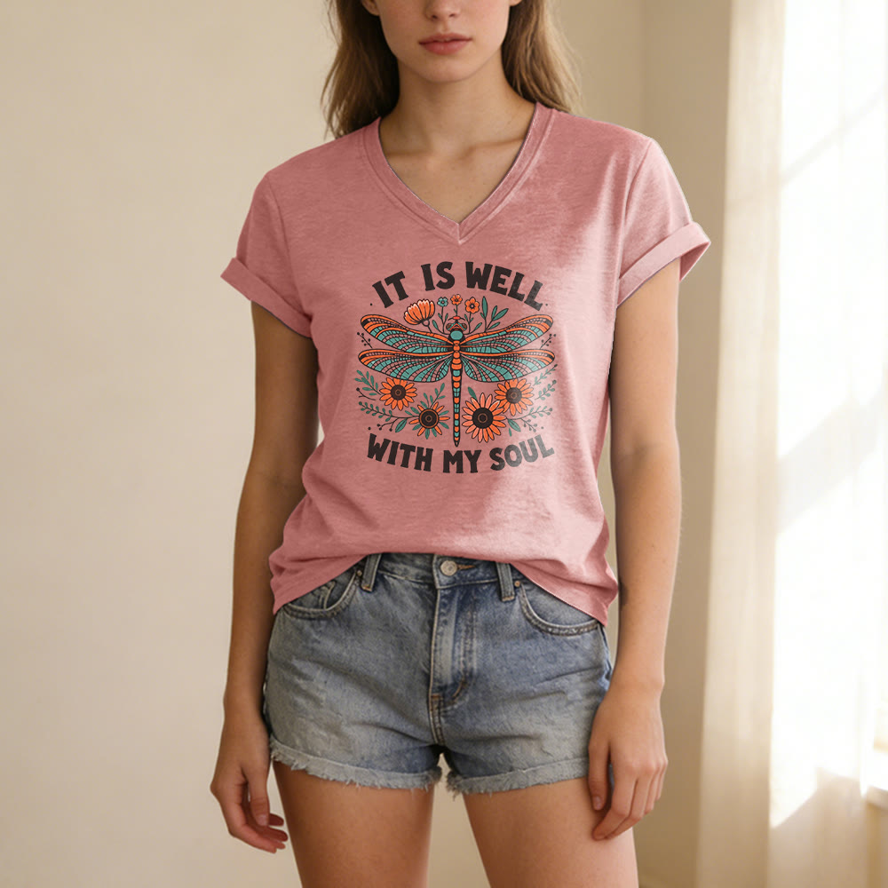 Christianartworkshop It Is Well With My Soul Dragonfly Floral Print Casual V-neck T-shirt - image 11