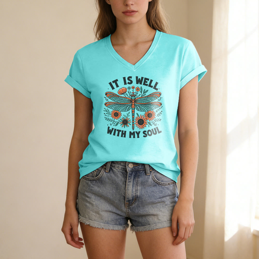 Christianartworkshop It Is Well With My Soul Dragonfly Floral Print Casual V-neck T-shirt - image 1