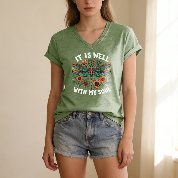 Christianartworkshop It Is Well With My Soul Dragonfly Floral Print Casual V-neck T-shirt - image 7