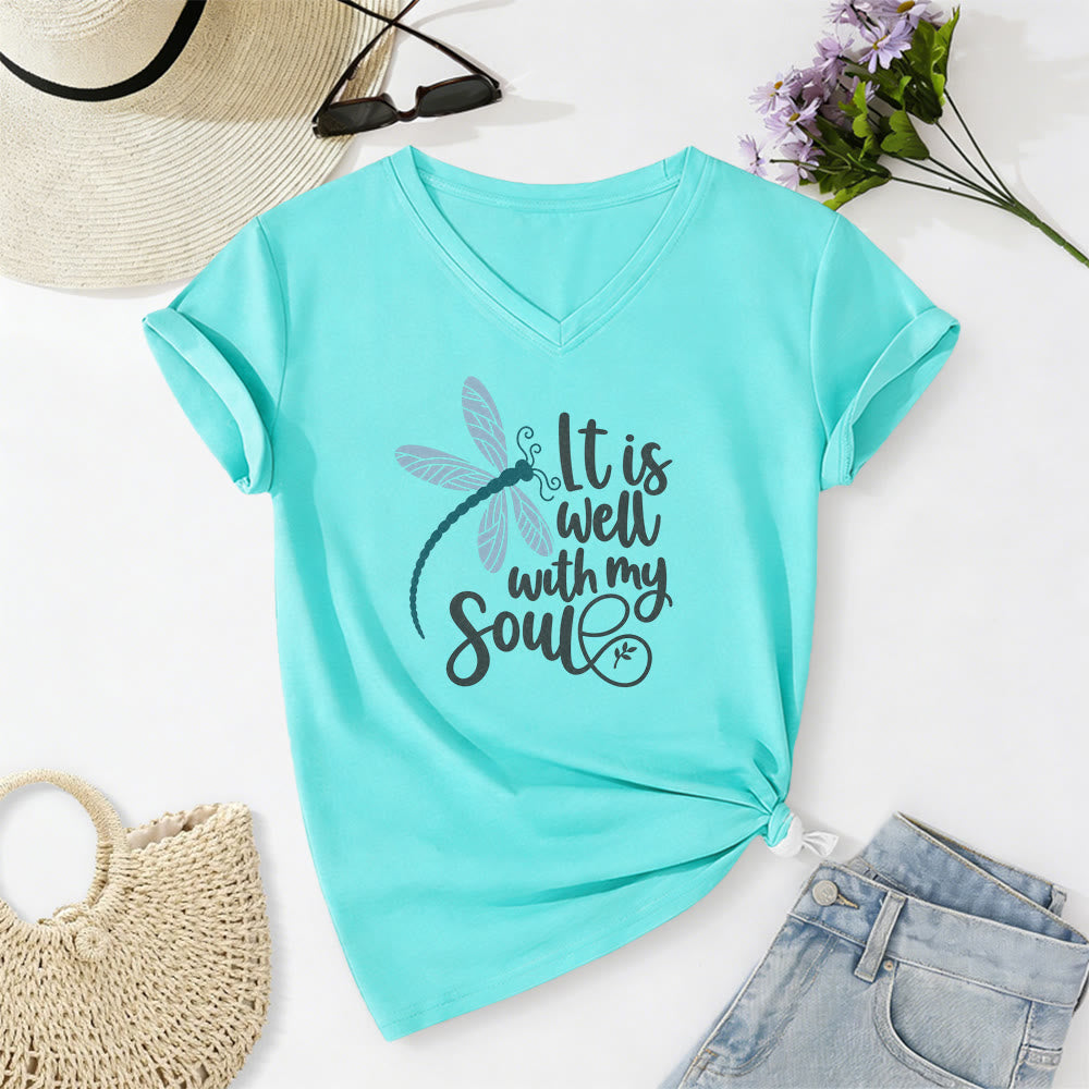 Christianartworkshop It Is Well With My Soul  Dragonfly Calligraphy Print Casual V-neck T-shirt - Sky Blue - 2XL - image 8