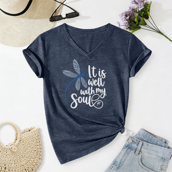 Christianartworkshop It Is Well With My Soul  Dragonfly Calligraphy Print Casual V-neck T-shirt - Navy Blue - 2XL - image 18