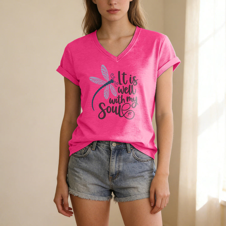Christianartworkshop It Is Well With My Soul  Dragonfly Calligraphy Print Casual V-neck T-shirt - image 25