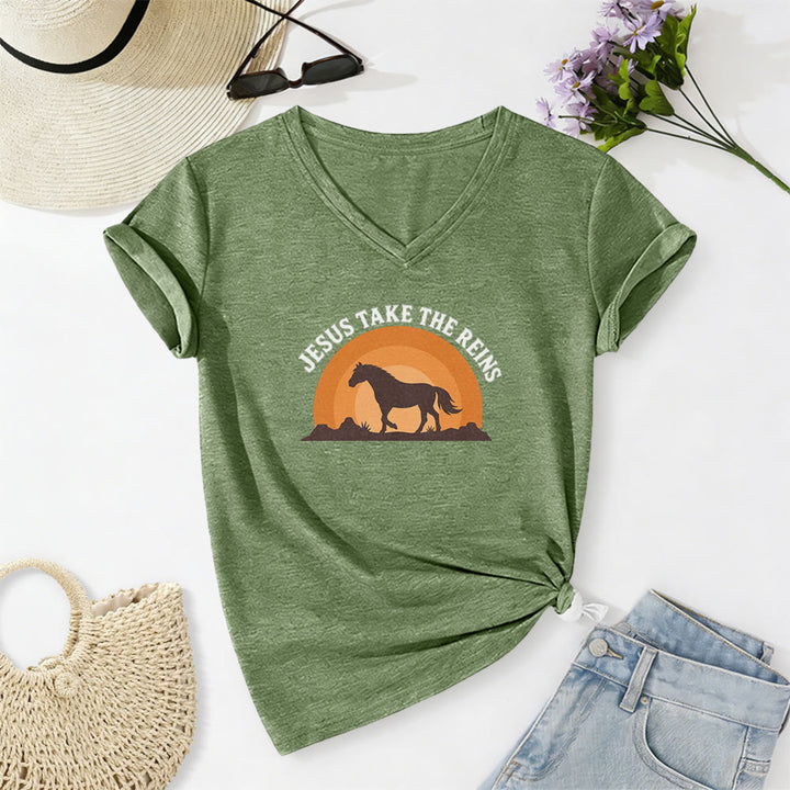 Christianartworkshop “Jesus Take The Reins” Horse Sunset Print Casual V-neck T-shirt - Olive Green - 2XL - image 6
