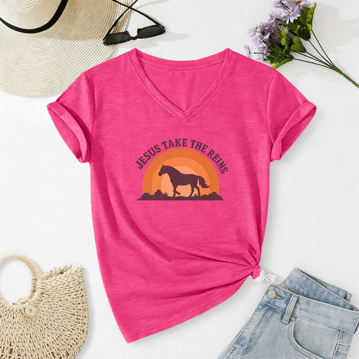 Christianartworkshop “Jesus Take The Reins” Horse Sunset Print Casual V-neck T-shirt - Rose - 2XL - image 24