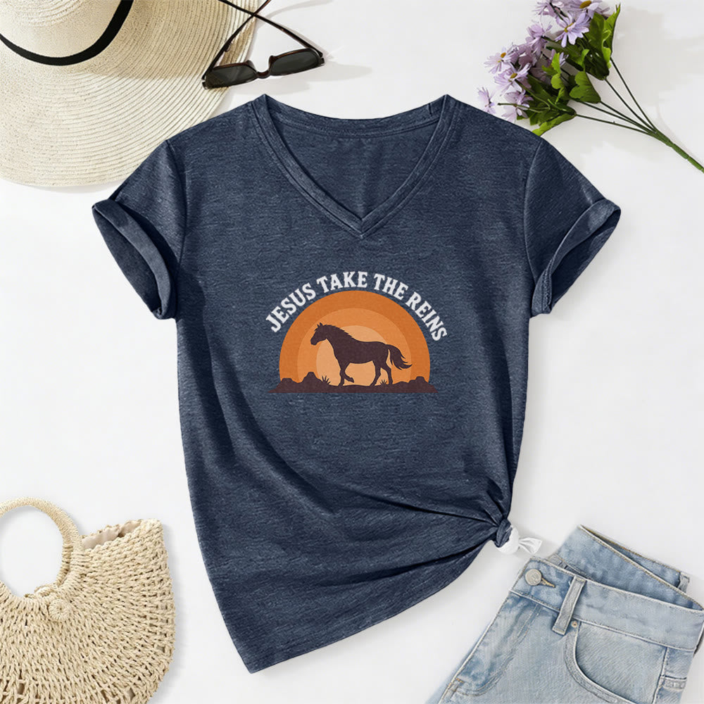 Christianartworkshop “Jesus Take The Reins” Horse Sunset Print Casual V-neck T-shirt - Navy Blue - 2XL - image 20
