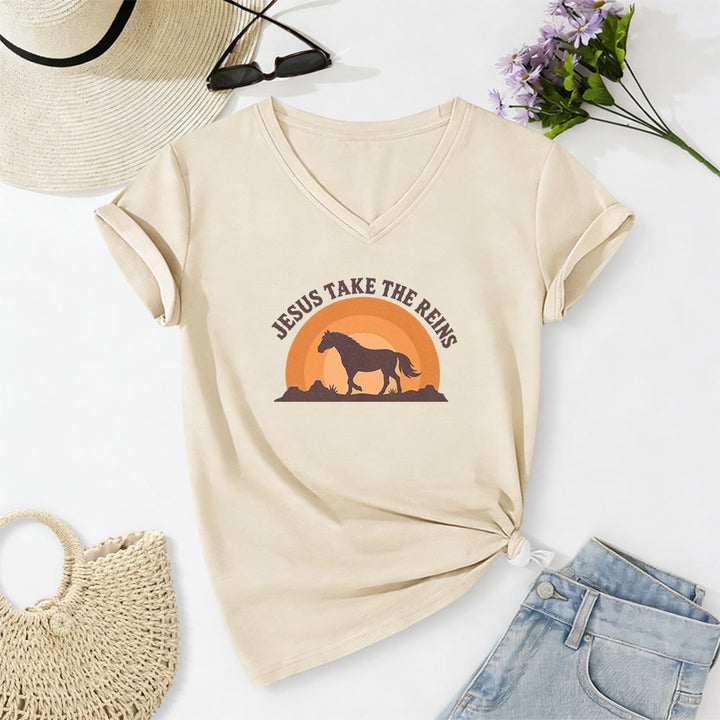 Christianartworkshop “Jesus Take The Reins” Horse Sunset Print Casual V-neck T-shirt - Beige - 2XL - image 2
