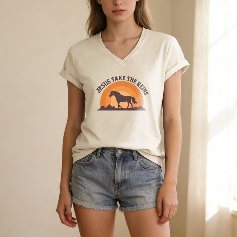Christianartworkshop “Jesus Take The Reins” Horse Sunset Print Casual V-neck T-shirt - image 3