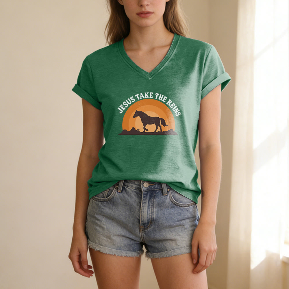 Christianartworkshop “Jesus Take The Reins” Horse Sunset Print Casual V-neck T-shirt - image 17