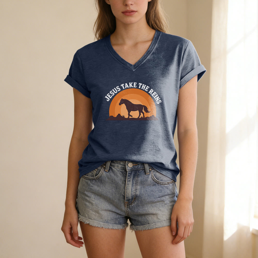Christianartworkshop “Jesus Take The Reins” Horse Sunset Print Casual V-neck T-shirt - image 21