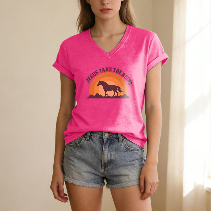 Christianartworkshop “Jesus Take The Reins” Horse Sunset Print Casual V-neck T-shirt - image 25