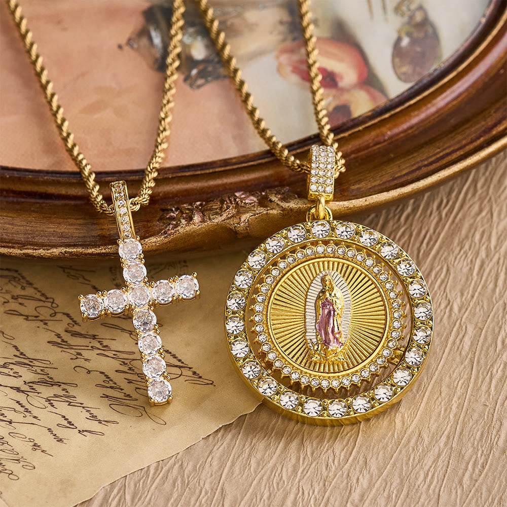 Christianartworkshop Rotating Our Lady of Guadalupe Medallion Necklace with Double Zircon Halo: A Reminder of Divine Grace - Our Lady & Cross - image 0