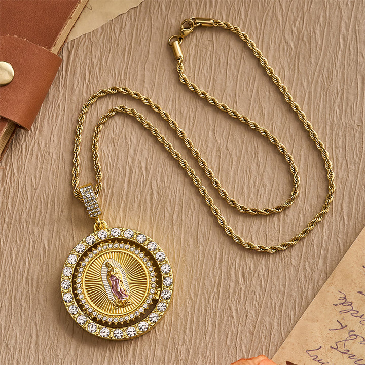 Christianartworkshop Rotating Our Lady of Guadalupe Medallion Necklace with Double Zircon Halo: A Reminder of Divine Grace - image 8