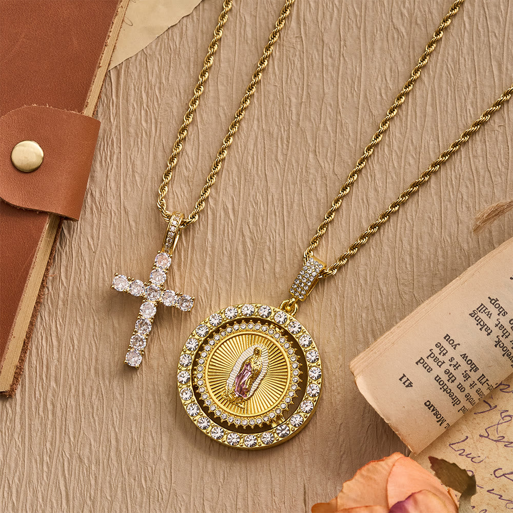 Christianartworkshop Rotating Our Lady of Guadalupe Medallion Necklace with Double Zircon Halo: A Reminder of Divine Grace - image 1