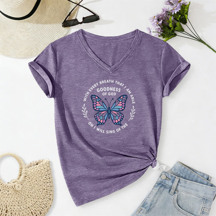 Christianartworkshop Sing of the Goodness of God Butterfly Print Casual V-neck T-shirt - Purple - 2XL - image 0