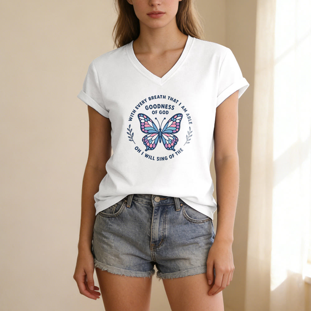 Christianartworkshop Sing of the Goodness of God Butterfly Print Casual V-neck T-shirt - image 9