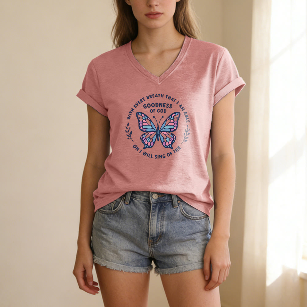 Christianartworkshop Sing of the Goodness of God Butterfly Print Casual V-neck T-shirt - image 13