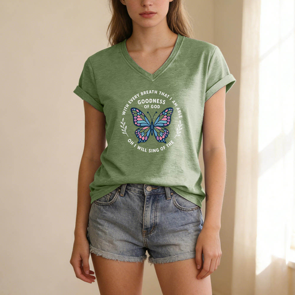 Christianartworkshop Sing of the Goodness of God Butterfly Print Casual V-neck T-shirt - image 7