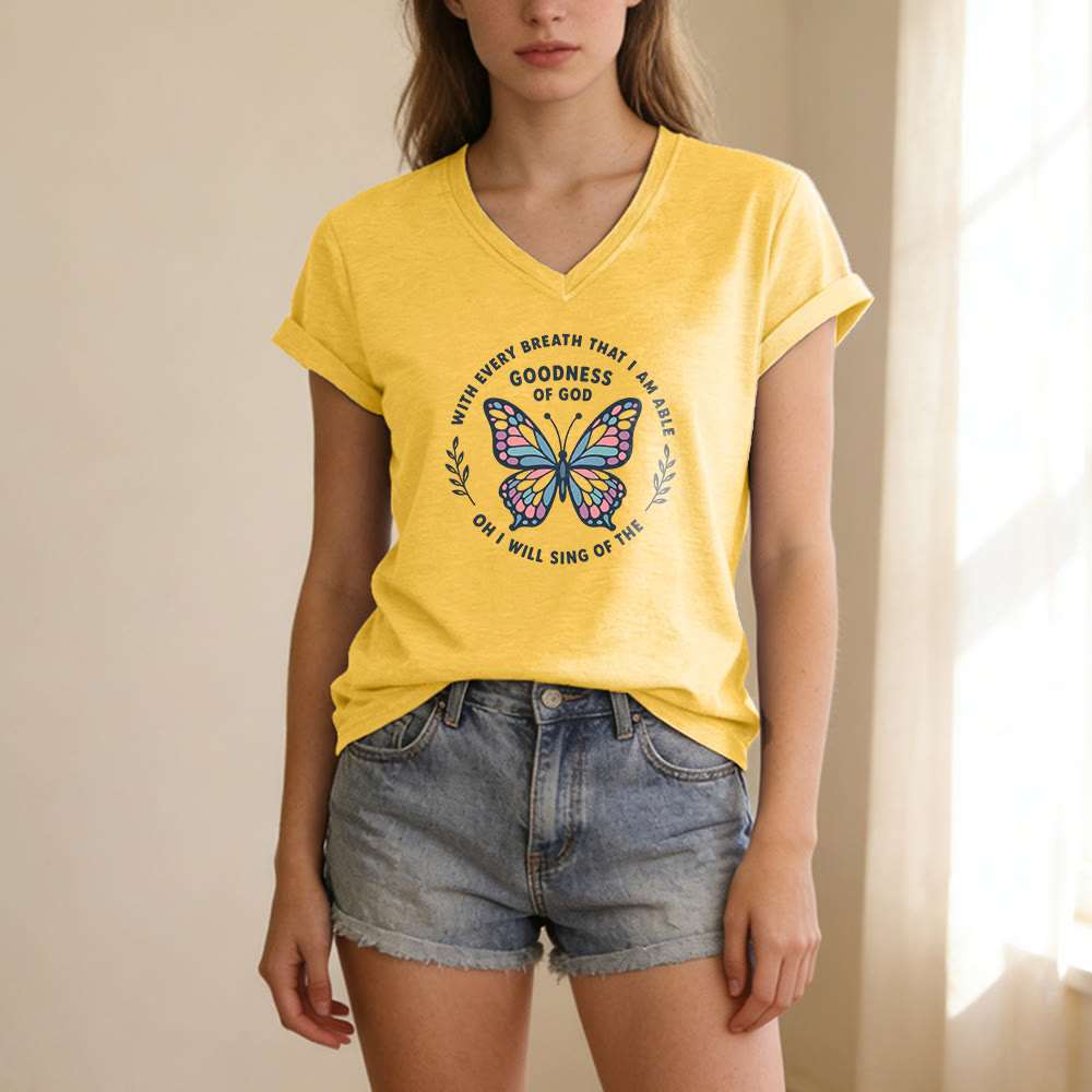Christianartworkshop Sing of the Goodness of God Butterfly Print Casual V-neck T-shirt - image 5