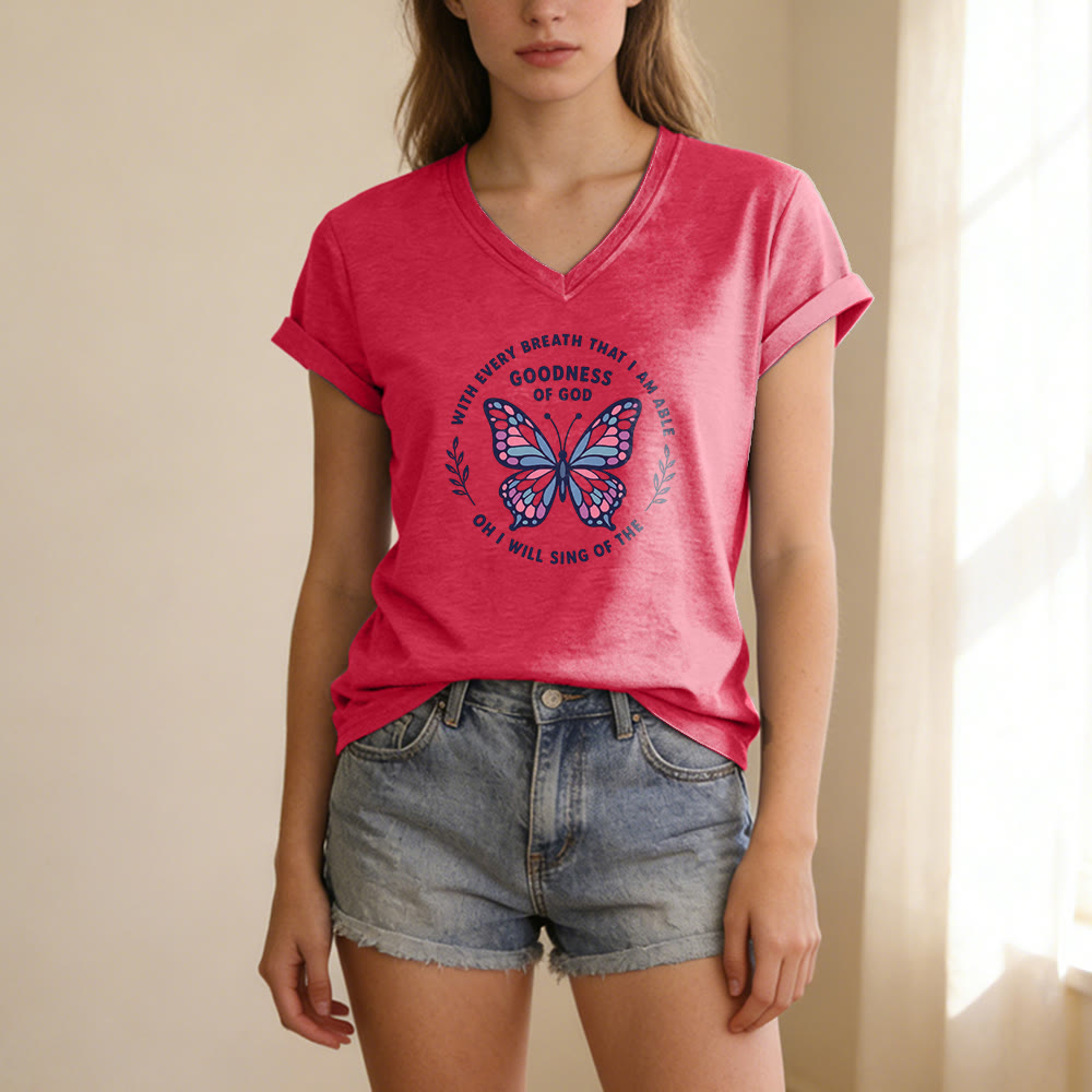 Christianartworkshop Sing of the Goodness of God Butterfly Print Casual V-neck T-shirt - image 23