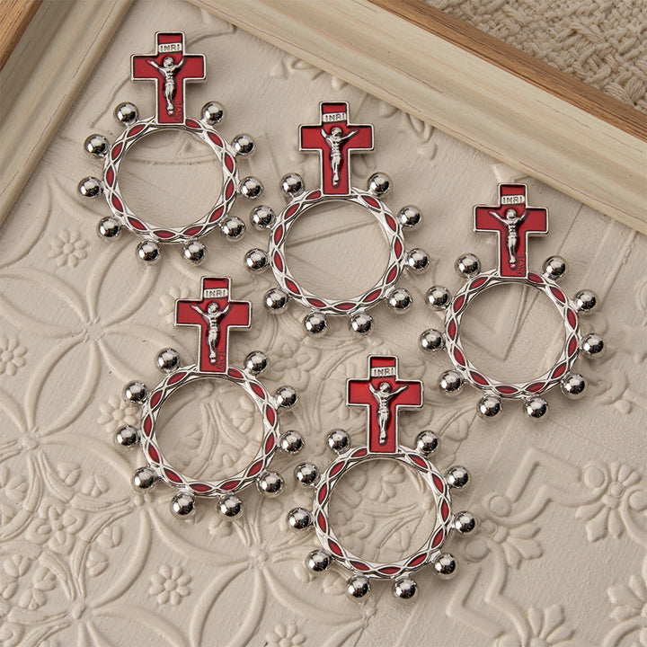 Christianartworkshop Crucifix Finger Rosary Ring with Red Enamel & Beaded Accents (Set of 5/10): A Symbol of Redemption - image 1