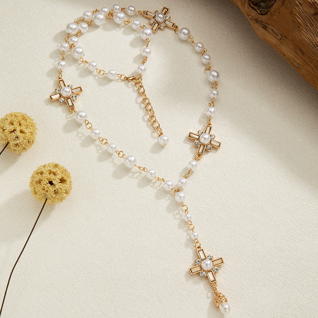 Christianartworkshop Elegant Cross Rosary Necklace with Gold-Tone Details & White Beads: A Reminder of Divine Grace - Rosary Necklace - image 0
