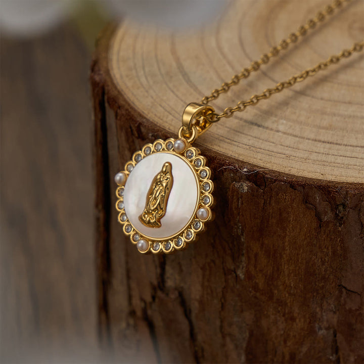 Christianartworkshop Ornate Gold-Tone Virgin Mary Necklace with Mother of Pearl Inlay & Crystal Halo: A Reminder of Divine Protection - Our Lady - image 0