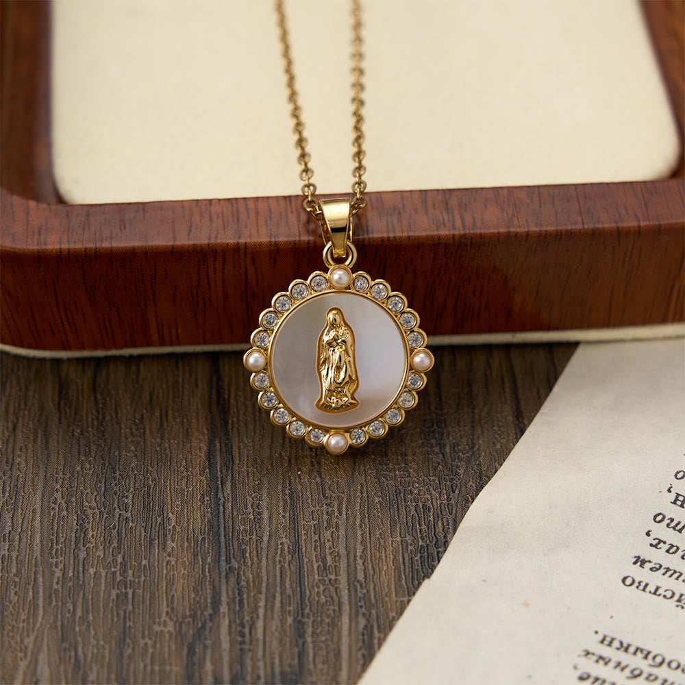 Christianartworkshop Ornate Gold-Tone Virgin Mary Necklace with Mother of Pearl Inlay & Crystal Halo: A Reminder of Divine Protection - image 2