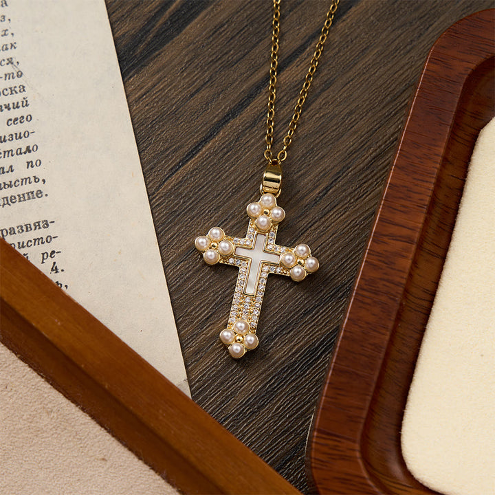 Christianartworkshop Refined Cross Pendant Necklace with Mother of Pearl, Zircon, and Pearl Accents - image 4