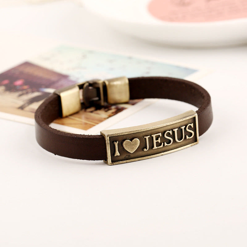 Christianartworkshop Antiqued Brass I Love JESUS Leather Bracelet with Embossed Heart Motif: A Reminder of Divine Love - I Love Jesus - image 0
