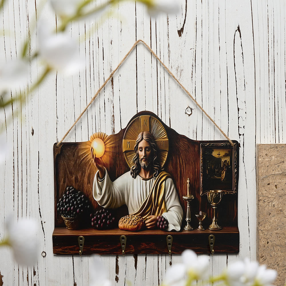 Christianartworkshop Nativity Scene/ Holy Family/ Jesus/ Our Lady Wall Hanging Key Rack with Vintage Frame - Jesus with Light & Food - image 1