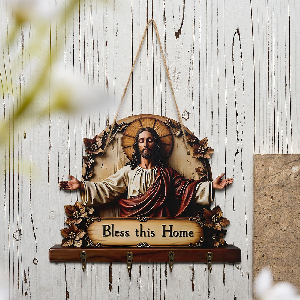 Christianartworkshop Nativity Scene/ Holy Family/ Jesus/ Our Lady Wall Hanging Key Rack with Vintage Frame - Jesus Bless This Home - image 0