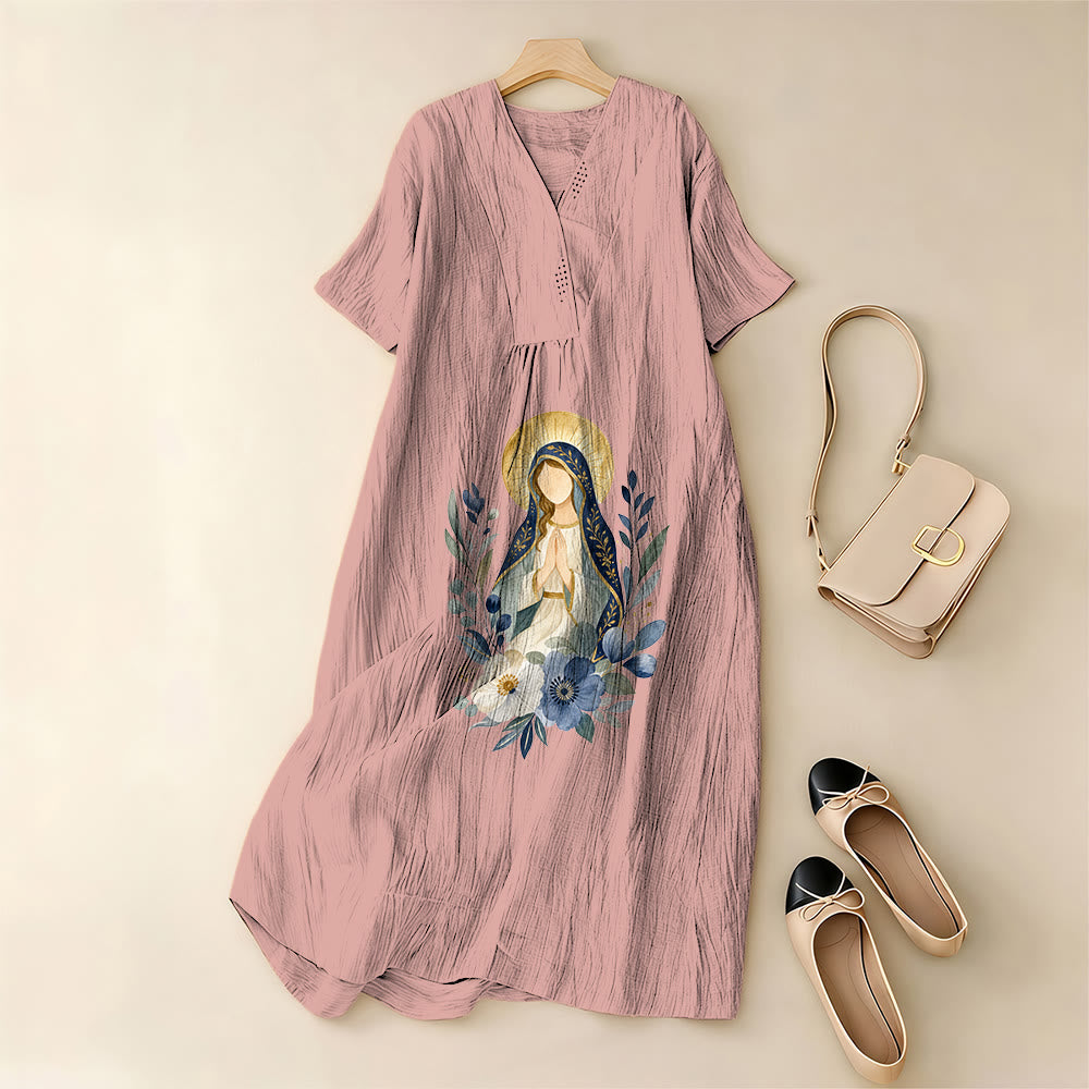 Christianartworkshop Gentle Our Lady Watercolor Floral Accent V-Neck Short Sleeve Midi Dress - image 1