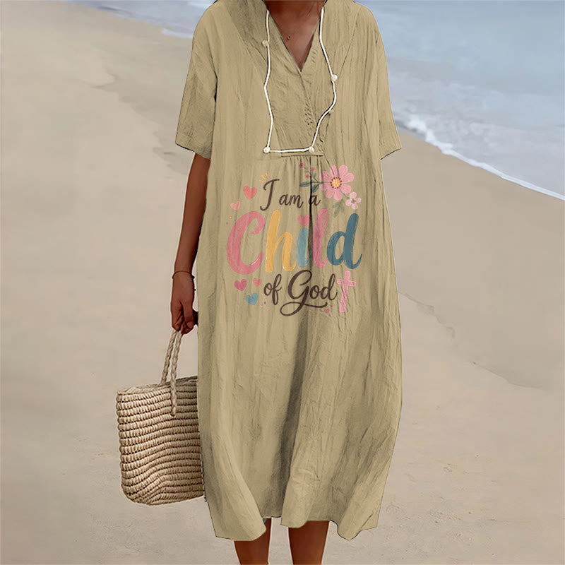 Christianartworkshop I Am a Child of God Floral & Heart V-Neck Short Sleeve Midi Dress - Khaki - 4XL - image 6