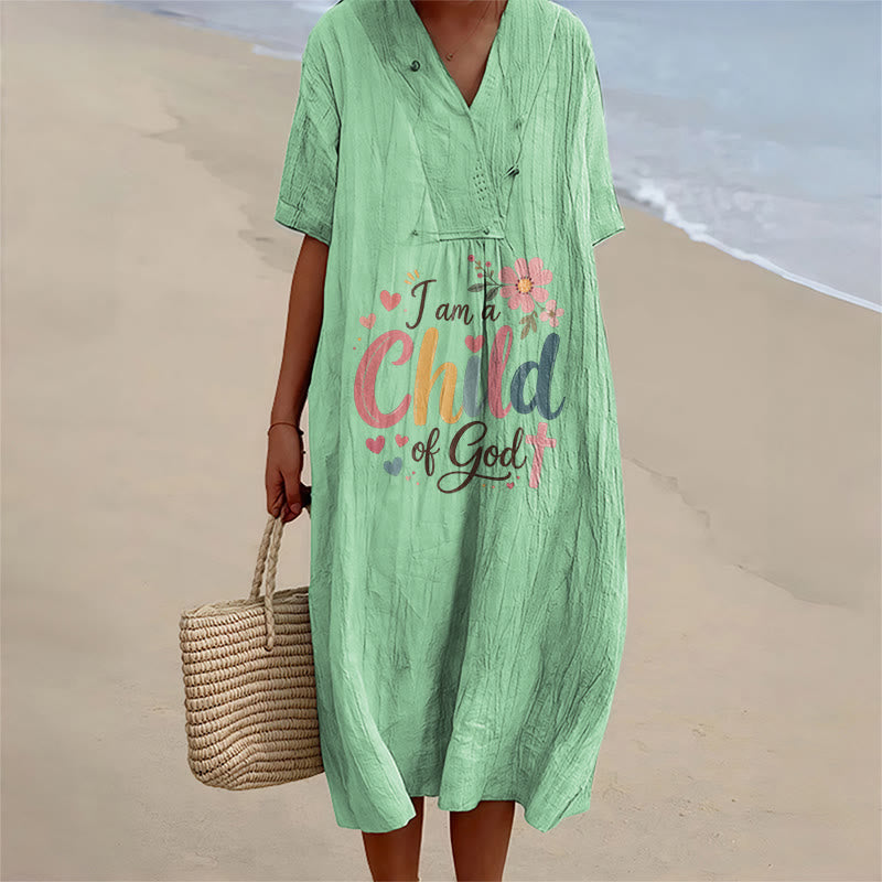 Christianartworkshop I Am a Child of God Floral & Heart V-Neck Short Sleeve Midi Dress - Green - 4XL - image 8