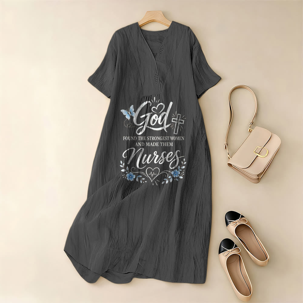 Christianartworkshop God Found the Strongest Women and Made Them Nurses Inspirational V-Neck Short Sleeve Midi Dress - image 1
