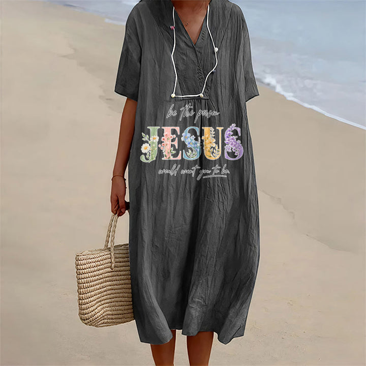 Christianartworkshop Be the Person Jesus Would Want You to Be Floral Jesus V-Neck Short Sleeve Midi Dress - Black - 4XL - image 8
