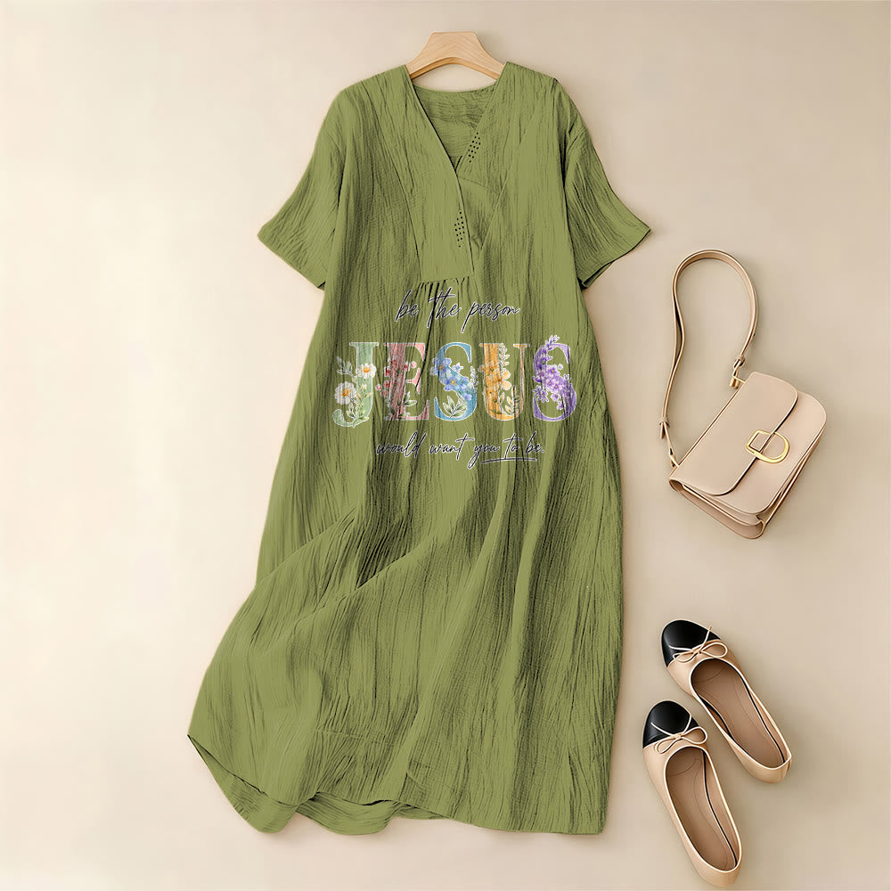 Christianartworkshop Be the Person Jesus Would Want You to Be Floral Jesus V-Neck Short Sleeve Midi Dress - image 11