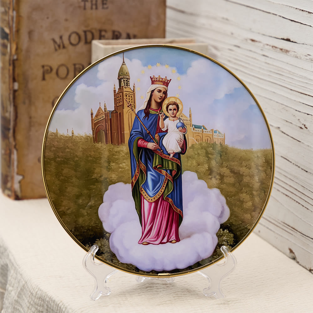 Christianartworkshop Madonna and Child Desktop Ornament with Cathedral Backdrop & Gold Rim: A Symbol of Marian Grace - Madonna and Child - image 0