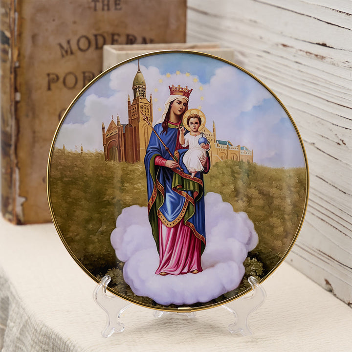 Christianartworkshop Madonna and Child Desktop Ornament with Cathedral Backdrop & Gold Rim: A Symbol of Marian Grace - Madonna and Child - image 0