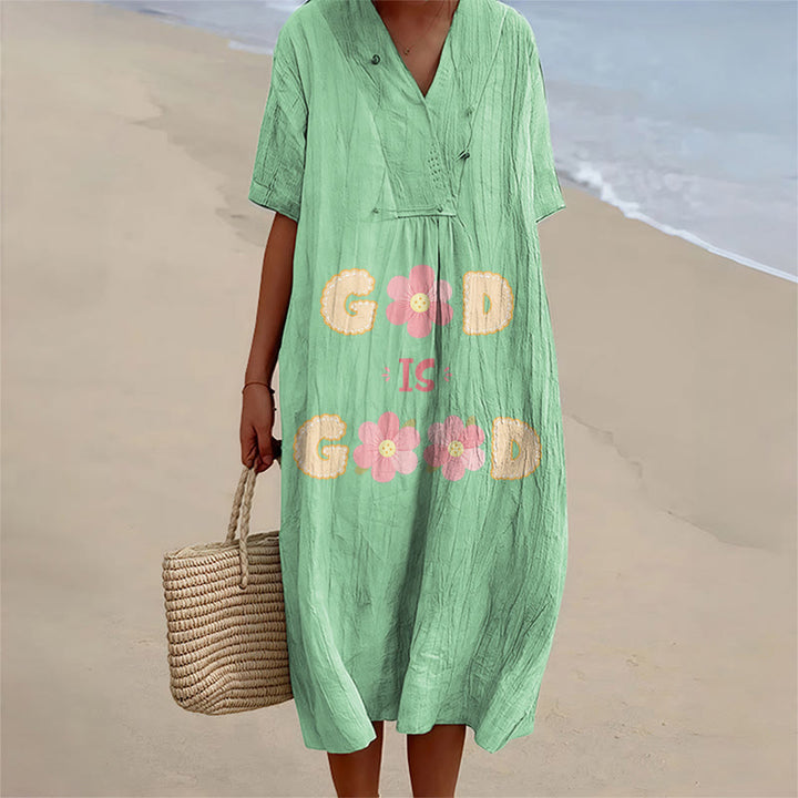 Christianartworkshop Devotional “God Is Good” Floral Statement V-Neck Short Sleeve Midi Dress - Green - 4XL - image 6