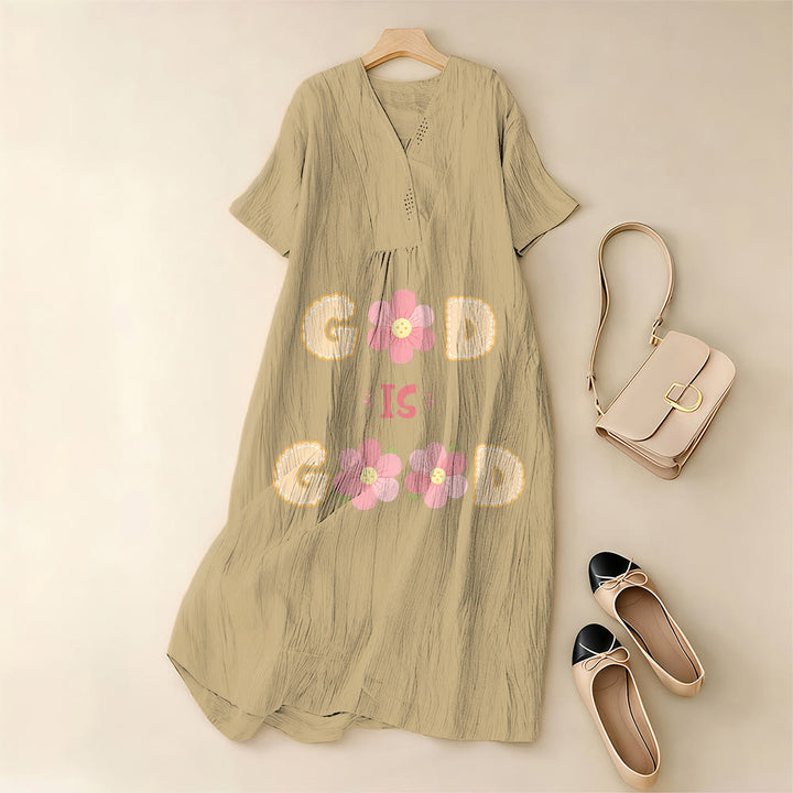 Christianartworkshop Devotional “God Is Good” Floral Statement V-Neck Short Sleeve Midi Dress - image 3