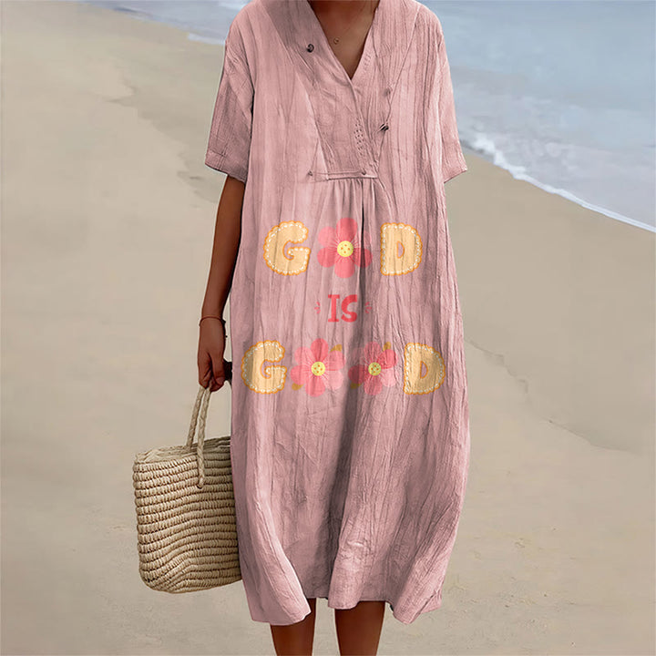Christianartworkshop Devotional “God Is Good” Floral Statement V-Neck Short Sleeve Midi Dress - Pink - 4XL - image 0