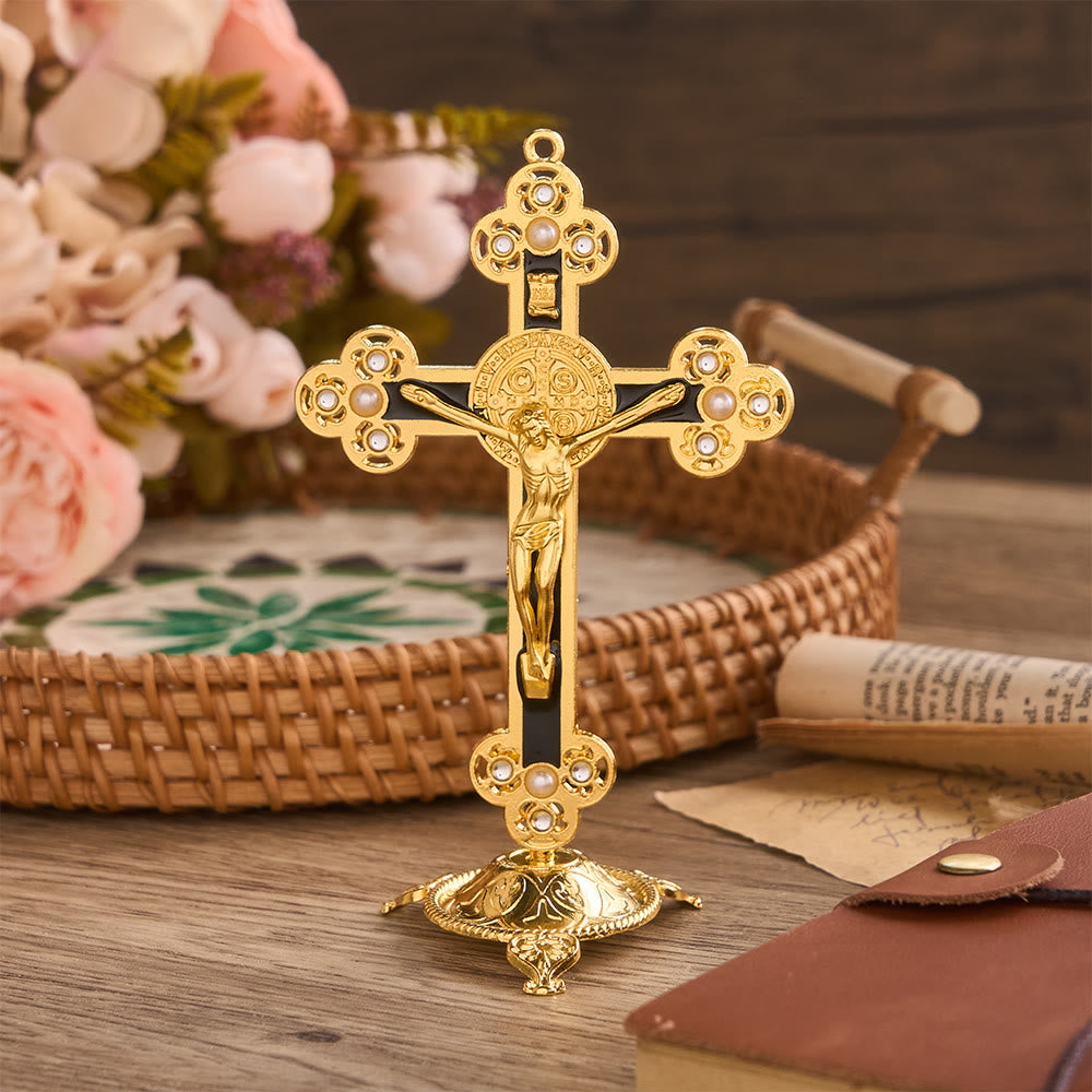 Christianartworkshop Ornate St. Benedict Crucifix Desktop Ornament with Gold Finish & Pearl Accents: A Symbol of Divine Protection - Black - image 5