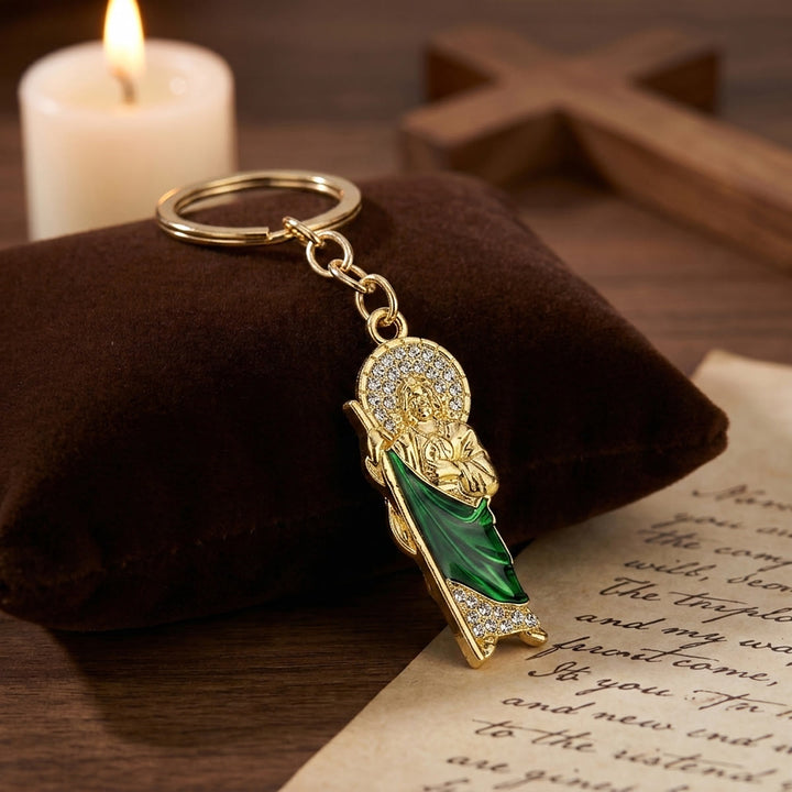 Christianartworkshop Two-Tone St. Jude Keychain with Green Enamel & Zircon Details: A Reminder of Sacred Faith - Golden - image 0