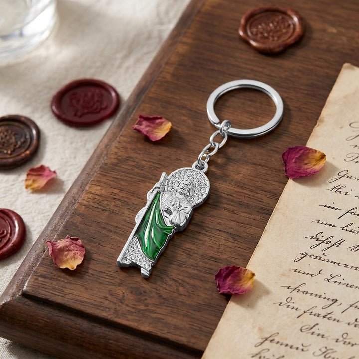 Christianartworkshop Two-Tone St. Jude Keychain with Green Enamel & Zircon Details: A Reminder of Sacred Faith - image 4