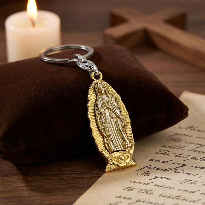 Christianartworkshop Two-Tone Our Lady of Guadalupe Keychain with Radiant Border: A Reminder of Divine Protection - Golden - image 0