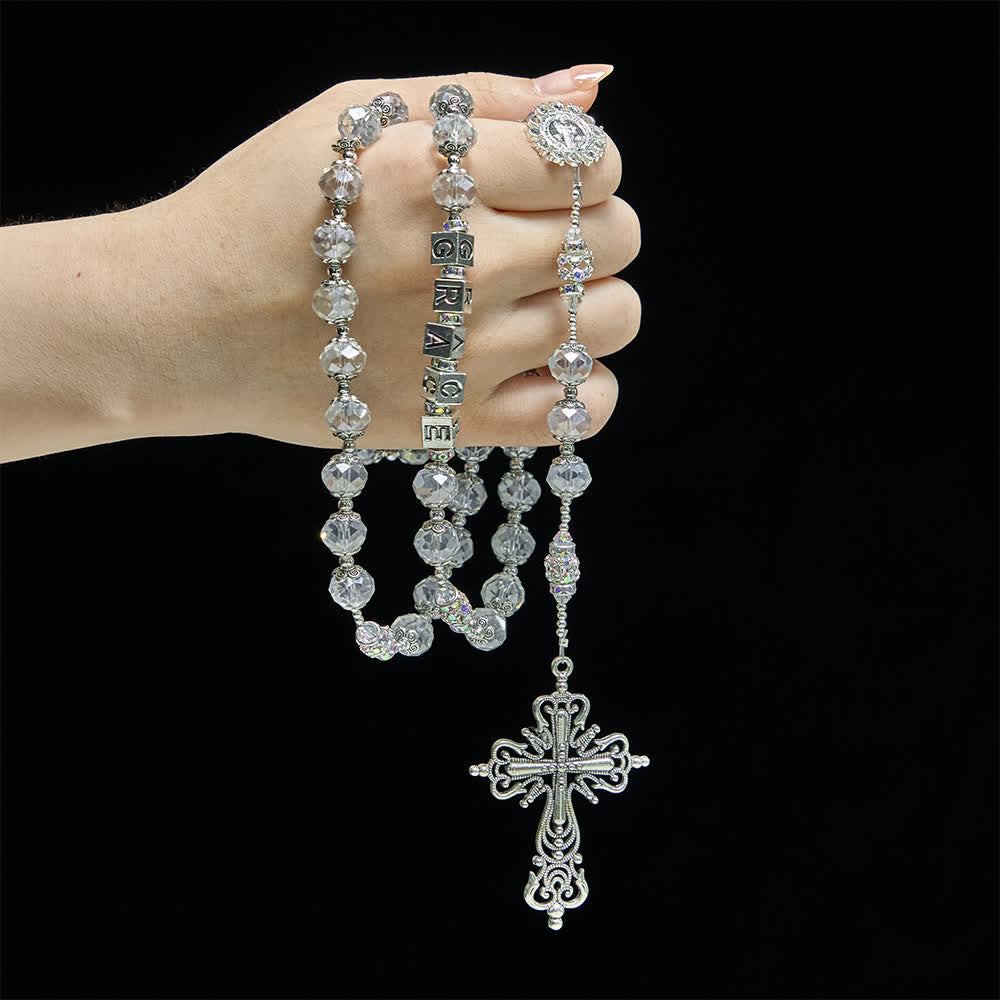 Christianartworkshop Sparkling White St. Benedict Forever Faith Rosary with Custom Name Letters - image 1