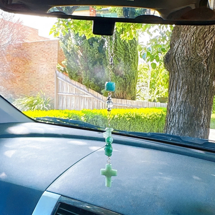 Christianartworkshop Intricate Natural Stone Car Ornament with Crystal Chips and Cross Pendant: A Graceful Keepsake of Faith - Green Aventurine - image 3